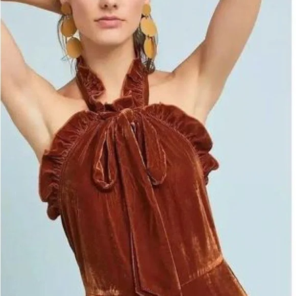 Anthropologie Kristinit Velvet Jumpsuit Rust Orange Brown Copper Ruffle Halter L - Picture 2 of 6